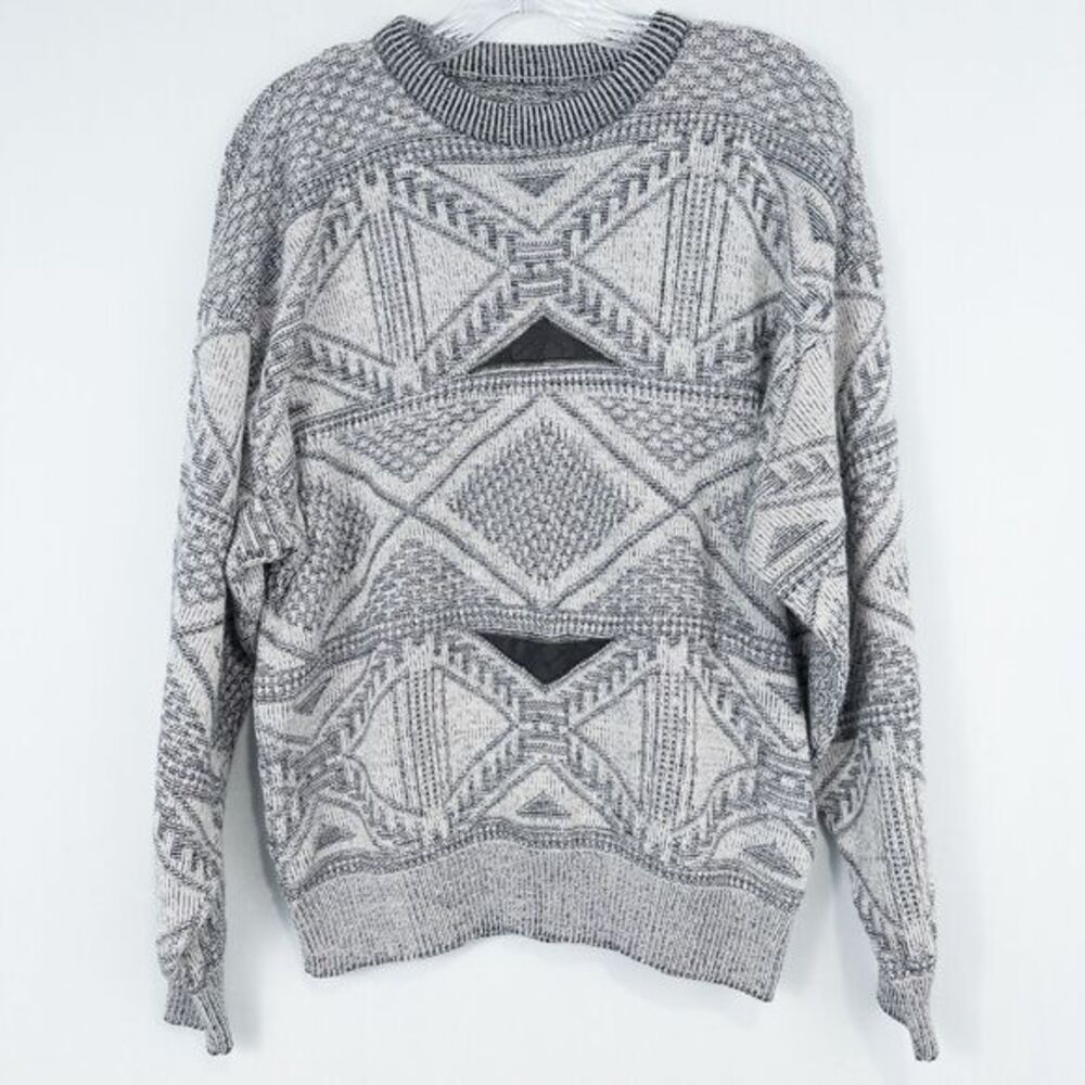Vintage Diamond Knit Crew Neck Grandpa Sweater Mens‎ Large Gray Retro 80s 90s